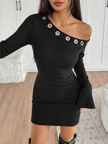 Franclia 1pc Women's Solid Color Knitted Textured Ruched Asymmetric Collar Long Sleeve Cinched Waist Flare Blouse - Black - View 3