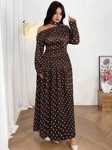 Firerie 2pcs Set: Scarf Collar Long Sleeve Loose Fit Skirt For Spring, Spring Outfits For Women - Coffee Brown - View 4