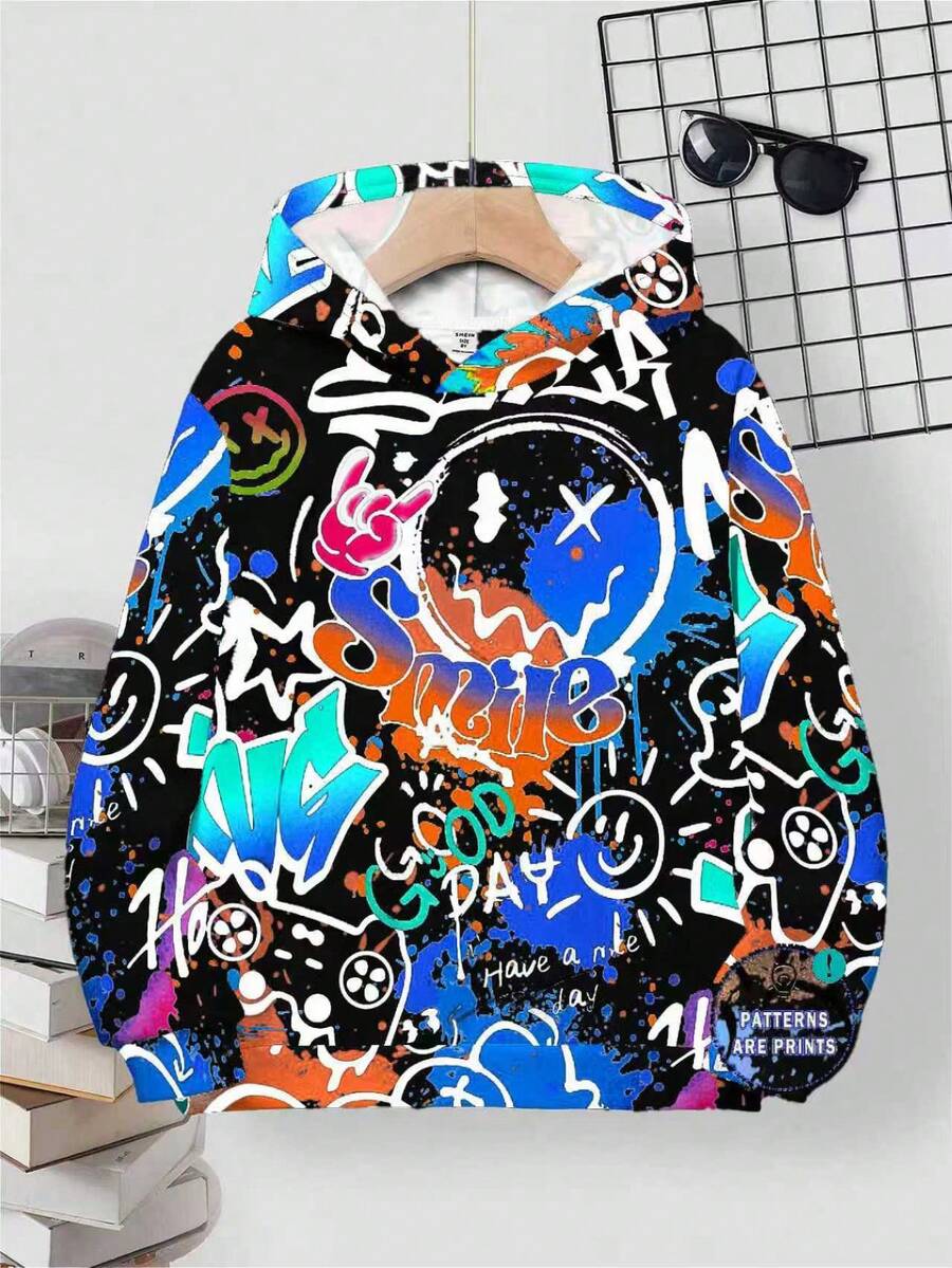 SHEIN 青少年男童休闲宽松印花套头卫衣,适合秋冬季节穿着,图案卫衣,青少年夏季服装,男童动漫服装,Y2K服装,男童10-12岁动漫卫衣 - 彩色 - 查看 1