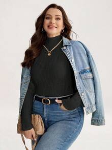 Comfylo Plus Size Solid Color Turtleneck Textured T-Shirt, Casual Autumn/Winter - Pink - View 8