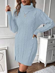 SHEIN LUNE 休闲纯色高领长袖女式毛衣连衣裙 - 霧霾藍 - 查看 5