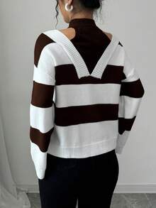 Elenzga 女士秋冬条纹落肩长袖宽松套头毛衣 - 白色 - 查看 2