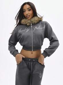 BABYPHAT Faux Fur Hooded Zip Up Cropped Sweatshirt With Rhinestone Embellished Text Details For Winter - Black - View 3