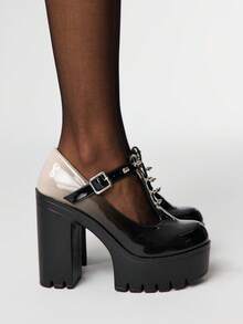 ROMWE Goth 女士复古黑红渐变厚底粗跟高跟鞋，春秋时尚双色金属铆钉T字带扣高跟低帮鞋 - 灰色 - 查看 4