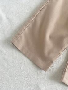 SHEIN Vintaside Kids 女婴杏色拼接卡其色花卉刺绣吊带背心搭配宽松直筒裤套装，休闲优雅，适合居家、外出、返校穿着 - 彩色 - 查看 6