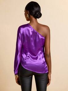 Lyxana Women's Solid Color Pleated Elegant Asymmetric Shoulder Long Sleeve Blouse - Purple - View 2