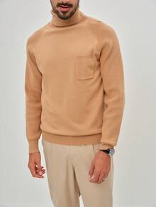 Manfinity Homme Sweater Kasual Pria Warna Polos Kerah Tinggi Lengan Raglan, Atasan Cokelat Muda Musim Gugur/Dingin Pria, Sweater Cokelat Pria, Kerah Mock Pria, Aprikot - Coklat - View 5