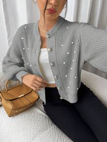 SHEIN Cottnline Women Solid Color Front Button Lantern Sleeve Pearl Detailed Chunky Cardigan - Grey - View 6