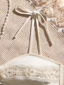 Swim Mod 女士水溶性蕾丝边饰度假优雅沙滩夏季2026奶油色系带露肩比基尼上衣 - 米色 - 查看 5