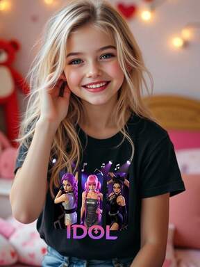 Summer & Fall Tween Girls' Casual Fashionable Creative Personalized Refreshing Chic Minimalist Cool Virtual Girl Group Music Symbol Stage Costume Letter Slogan Graphic Print Relaxed Basic Short T-Shirt, Comfortable Cozy Summer And Autumn Outfit