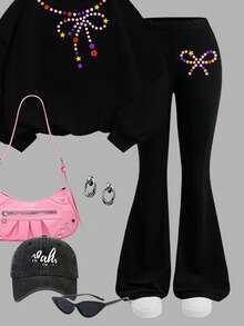 Retro Sweet Cute Bow Pattern Print, Tracksuit, Tween Girls Knit Crew Neck Letter Graphic Loose Sweatshirt And Flare Pants Casual 2 Piece Set - Multicolor - View 5
