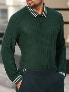 Manfinity Bizformal 男士秋季长袖Polo衫，男士绿色Polo衫，男士罗纹Polo衫，男士纽扣Polo衫，男士商务Polo衫，适合日常外出、朋友聚会、通勤，送给男友或丈夫的绝佳礼物 - 綠色 - 查看 4