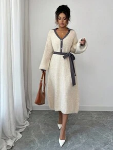 Elenzga 女士复古法式撞色领口收腰灯笼袖优雅POLO领针织中长款毛衣连衣裙 - 灰色 - 查看 6