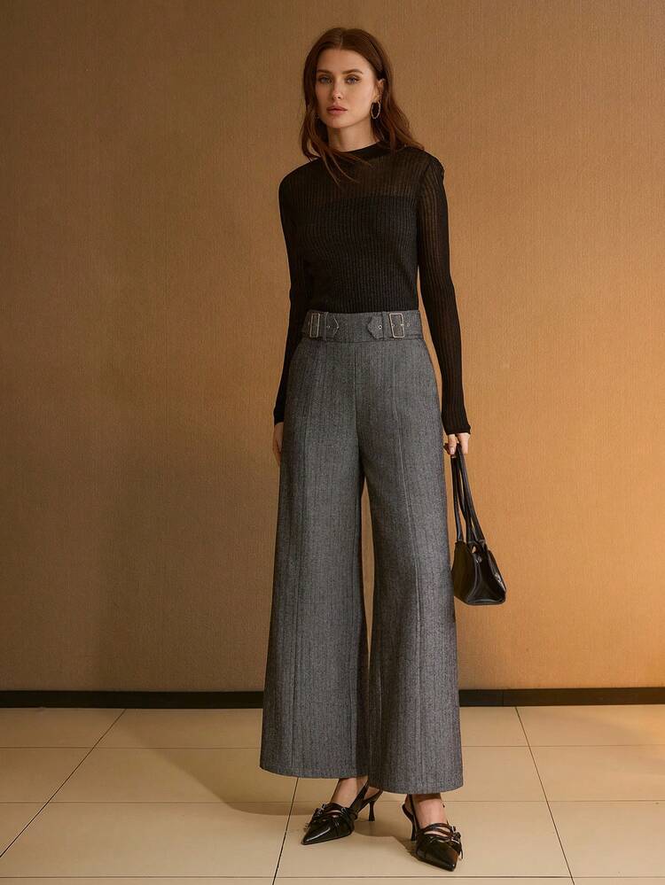 HERRINGBONE BUCKLE DETAIL ZIP BACK WIDE LEG PANTS