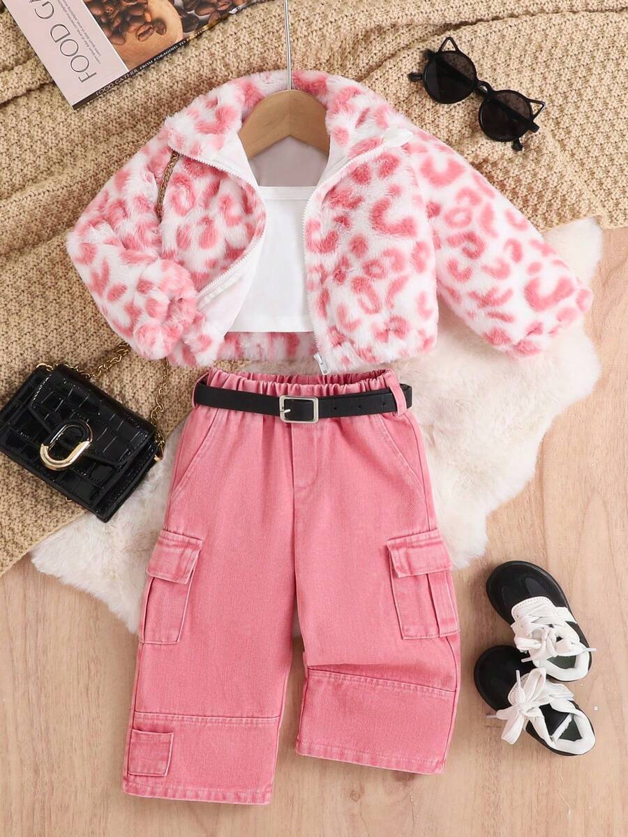 SHEIN 女婴时尚街头风豹纹毛绒外套套装,秋冬款 - 粉色 - 查看 1