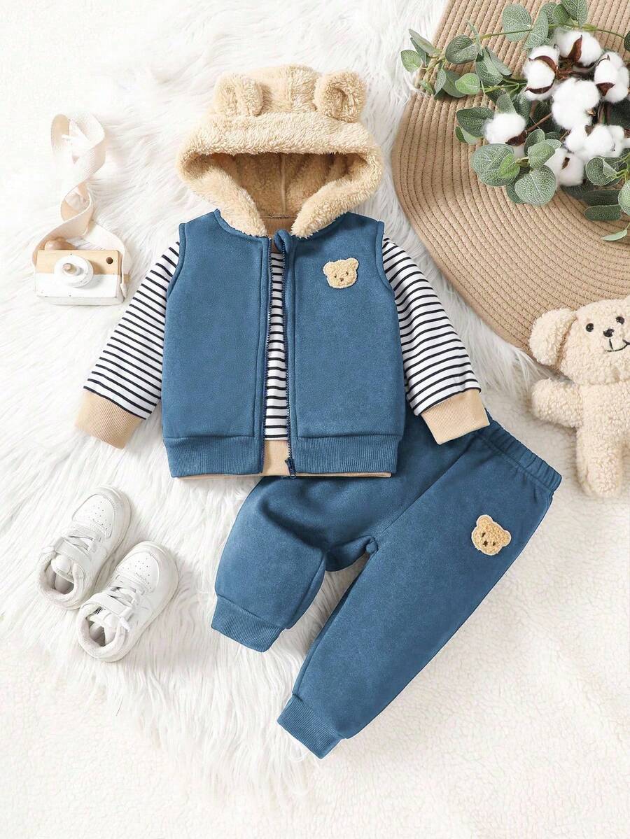 SHEIN Playful Pals 男婴三件套:条纹圆领长袖内衣、小熊图案拉链连帽背心外套和纯色小熊图案腰带裤,舒适百搭,适合秋、春、冬三季穿着,室内外皆宜。 - 藍色 - 查看 1