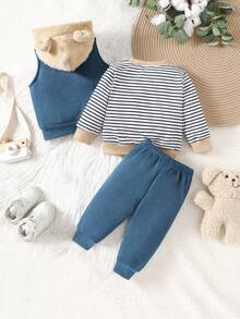 SHEIN Playful Pals 男婴三件套：条纹圆领长袖内衣、小熊图案拉链连帽背心外套和纯色小熊图案腰带裤，舒适百搭，适合秋、春、冬三季穿着，室内外皆宜。 - 藍色 - 查看 2
