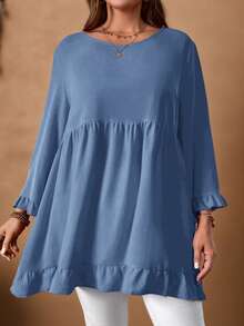 EMERY ROSE Bluzka damska w dużym rozmiarze, jednokolorowa, z okrągłym dekoltem i długim rękawem, z falbaną u dołu