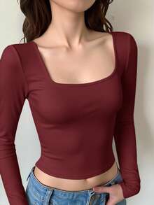 SHEIN T-shirt court à manches longues ajusté décontracté à col rond de couleur unie pour adolescentes - Rouge - Voir 2
