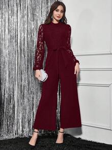 SHEIN Clasi 女士撞色蕾丝灯笼袖系带阔腿优雅连体裤 - 酒紅色 - 查看 2