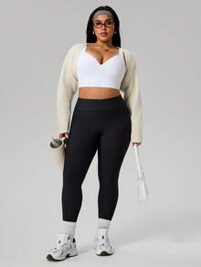 SHEIN Dewbera Women's Ribbed V-Neck Hollow Waist Tights Leggings, Suitable For Sports, Casual, Daily Wear, Running, Yoga, Plus Size Curve Plus Activewear Curve Athleisure Plus Size Gym Wear Gym Clothes Women Plus Size Athleisure Plus Size Activewear - Black - View 7