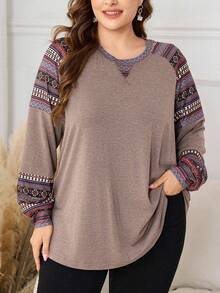 Lacomfia Áo thun tay dài in họa tiết chắp vá thoải mái, đa năng, cỡ lớn dành cho nữ - màu nâu - Xem 1