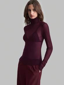 Ontre Women's Sheer Mesh High Neck Long Sleeve Top, Urban Commute Business Casual Outerwear, Elegant Attire For Thanksgiving, Christmas, New Year Party, Wedding Guest - Purple - View 7