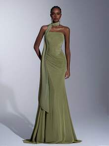 Elitara Elegant Chiffon Fabric Green Strapless Shaping Fishbone Low Waist Fishtail Pleated Side Drape Dress (Detachable, Multi-Wear) Halter Drape Suitable For Dates, Vacations, Weddings, Shopping, Daily Activities, Bridesmaid Dress - Green - View 3