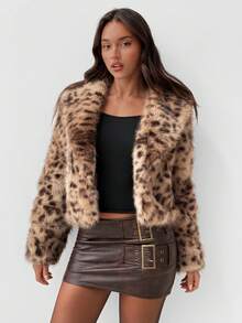 Aloruh Áo khoác lông thú giả họa tiết da báo cổ điển dành cho nữ, thời trang cho mùa thu/đông - Nhiều màu - Xem 5