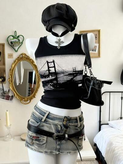 Lalippa Summer Fashionable Landscape Print Fitted Tank Top