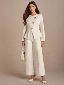 CLARA VERO 女式阔腿裤套装 - 优雅的两件套西装外套和长裤，配金色纽扣 - 正式工作服女式裤装两件套女式优雅正式两件套商务休闲女式两件套裤装婚礼优雅女式裤装两件套女式正式 - 白色 - 查看 5