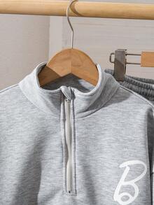 2 peças/Conjunto Moda Jovem Feminina, Top Polo de Manga Longa com Gola Levantada e Zíper, e Calça Perna Larga com Estampa de Letra, Adequado para Uso Diário, Escola, Compras, Esportes e Mais