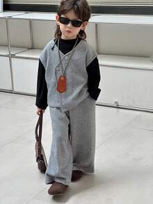 DAZY 男童简约无袖上衣和直筒裤套装，宽松休闲秋季春季穿搭 - 灰色 - 查看 2