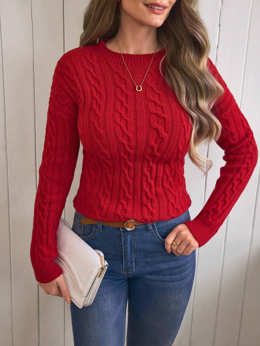 EMERY ROSE Solid Color Cable Knit Crew Neck Casual Pullover Sweater - Red - View 1