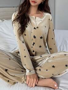 DAZY 2 pezzi Set pigiama donna con stampa a stelle in velluto, manica lunga e pantaloni, autunno/inverno - Cachi - Visualizzare 4