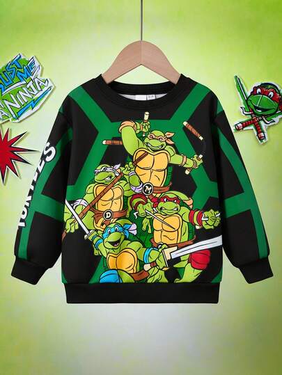 TEENAGE MUTANT NINJA TURTLES | SHEIN Young Boy Cartoon Tortoise Shell Printed Green Casual Cute Pullover Sweatshirt