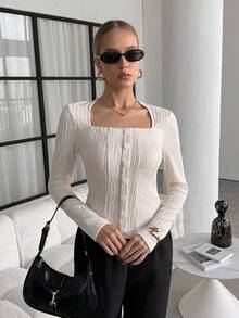 Lavishia Women's Elegant Commuter Solid Color Textured T-Shirt, Autumn - Beige - View 5
