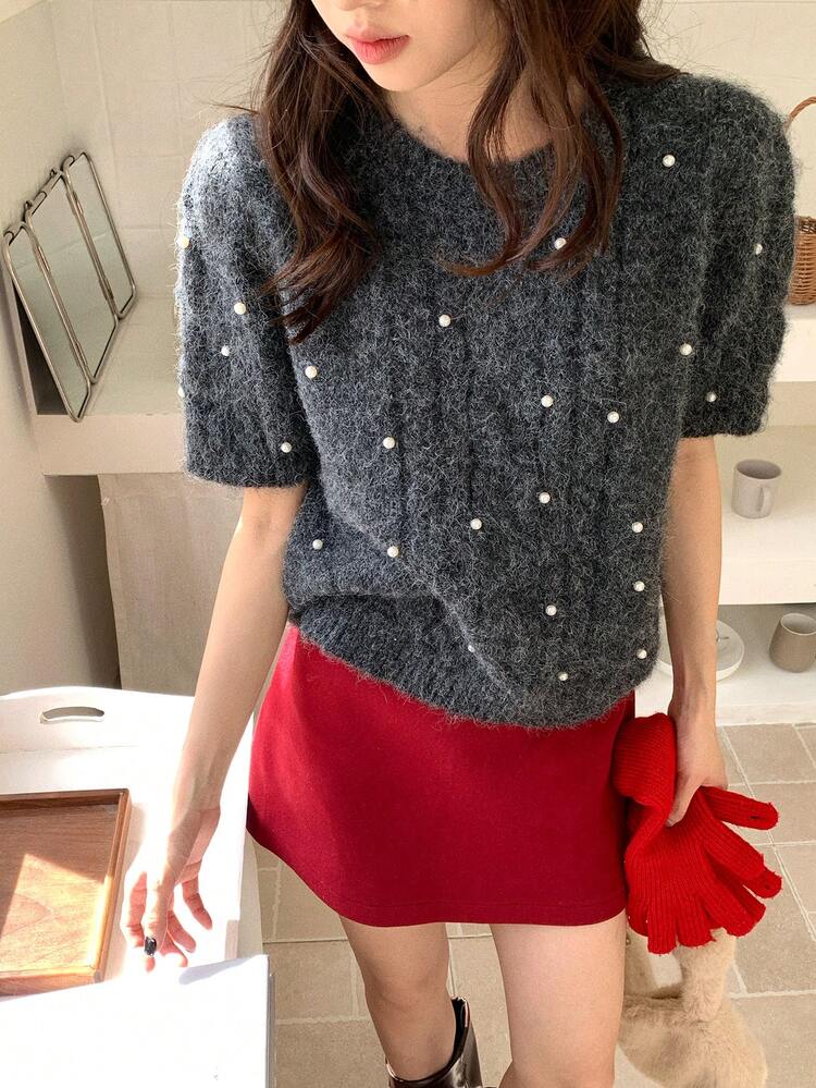 Women's Beaded Puff Sleeve Knit Top, Girly Korean Style, Autumn/Winter