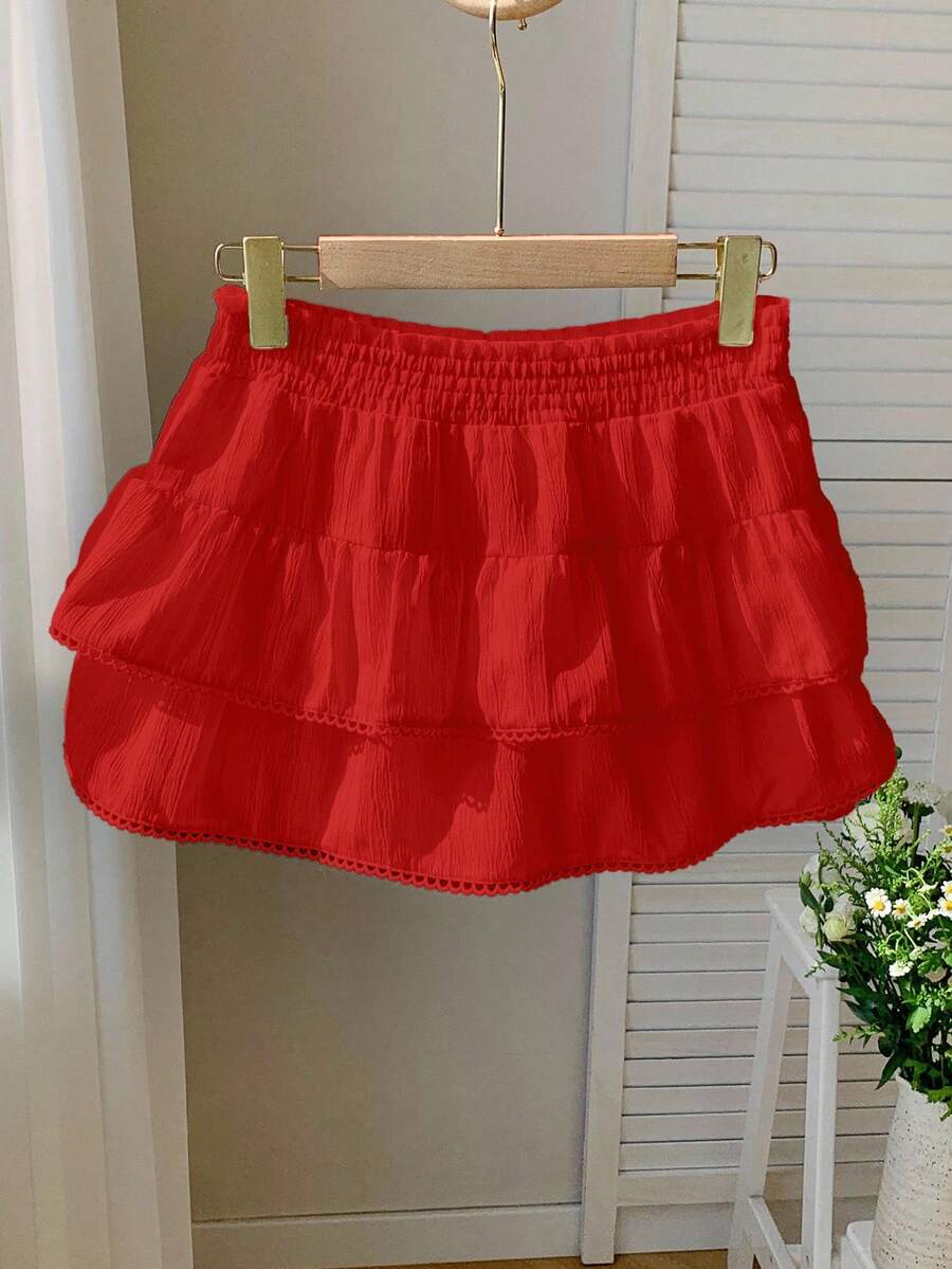 Comfortcana Women's Solid Color Elastic Waist Double Ruffle Hem Fashionable Skirt - Red - View 1