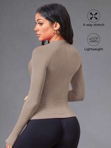 Eassivo Eassivo Women's Solid Color Raglan Long Sleeve Sports T-Shirt/Seamless/Thumb Hole - Khaki - View 2