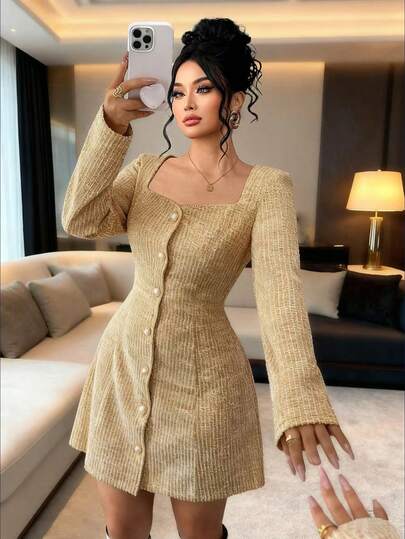 Elenzga 大码优雅前扣通勤连衣裙