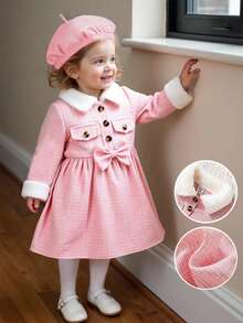 Souflis Souflis Vestido de niña bebé a cuadros con parches, cuello de piel sintética y decoración de lazo, adecuado para uso casual, de fiesta y diario - Rosa - Ver 3