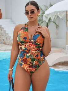 Swim Vcay 大码女式热带植物印花吊带连体泳衣 - 彩色 - 查看 5