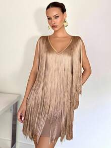 Chiquease 女士优雅派对/节日庆典流苏迷你连衣裙 - 香檳色 - 查看 4