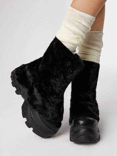 Women's Furry Side Zipper Platform Ankle Boots, Cute White Fluffy Cuff Motorcycle Boots, Casual & Campus Wear