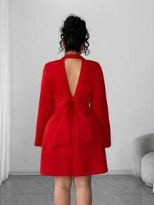 Elenzga Vestido de doble botonadura con lazo y espalda descubierta, talla grande, para el Día de San Valentín - Rojo - Ver 2