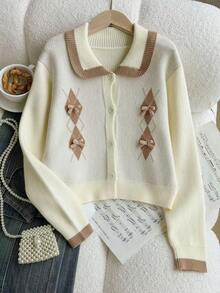 Genkimix Kids Tween Girl Rhombus Pattern Bow Knit Cardigan, Autumn/Winter - Apricot - View 3