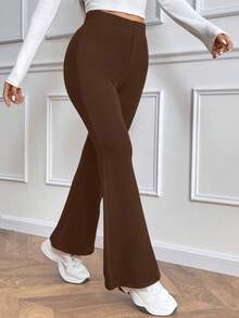 Almamuse 女士休闲日常百搭修身保暖高腰喇叭裤，松紧腰，黑色，冬季款 - 鏽棕色 - 查看 5