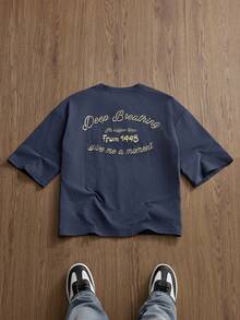 Manfinity Unisex Men's Knit Casual Daily Loose Short Sleeve T-Shirt With English Graphic Print - Navy Blue - View 1