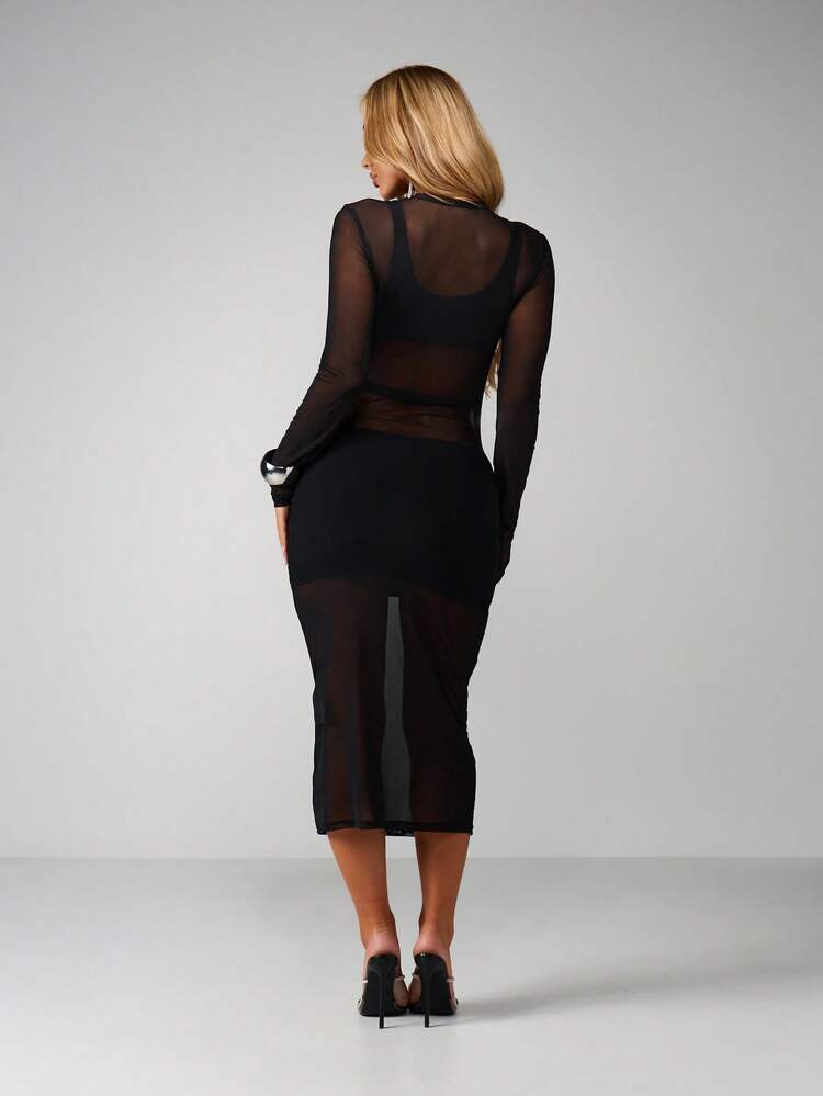 MISSGUIDED Vestido midi de manga larga transparente y ajustado con superposición de malla en el cuello redondo, vestido de fiesta de noche negro de jersey elástico ajustado